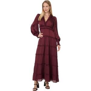 Cece Women's Medium Deep Red Plisse Ruffle Maxi Dress Tiered Summer Boho K31-1
